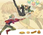  balloon barnaby_brooks_jr bb_yonaga blonde_hair brown_eyes brown_hair cabbie_hat doughnut food fried_rice glasses glowing hamburger hat jacket kaburagi_t_kotetsu male_focus multiple_boys red_jacket sandwich tiger_&amp;_bunny vest waistcoat 