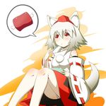  absurdres animal_ears bare_shoulders blush breasts detached_sleeves eating food hat heikouidou_(seraeno) highres inubashiri_momiji looking_up meat panties pantyshot pom_pom_(clothes) red_eyes short_hair silver_hair sitting solo speech_bubble tail tokin_hat touhou underwear wolf_ears wolf_tail 