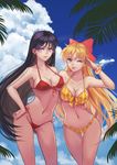  :p aino_minako bikini bishoujo_senshi_sailor_moon black_hair blonde_hair blue_eyes bow bracelet breast_press breasts cleavage cloud contrapposto day douyougen earrings hand_on_hip highres hino_rei hug jewelry large_breasts long_hair multiple_girls navel one_eye_closed purple_eyes red_bow salute side-tie_bikini sky smile standing swimsuit thigh_gap tongue tongue_out 