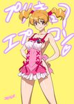  apron breasts brown_hair collarbone cowboy_shot cure_peach fresh_precure! hands_on_hips joy_ride medium_breasts momozono_love naked_apron pink_eyes precure short_hair short_twintails sideboob signature smile solo standing twintails yellow_background 