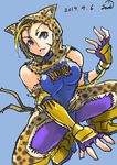  absurdres ahoge alternate_costume animal_hood animal_print blonde_hair blue_eyes bodysuit breasts cammy_white cosplay dated elbow_gloves fingerless_gloves gloves highres hood huge_ahoge king_(tekken) leopard_print samidare_satsuki scar solo squatting street_fighter street_fighter_x_tekken tekken 