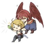  2boys aegyl blonde_hair carrying catbone final_fantasy final_fantasy_xii final_fantasy_xii_revenant_wings flying gloves jewelry llyud multiple_boys red_hair sword vaan weapon wings 