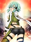  ass blue_eyes blue_hair blush breasts butt_crack crotch_seam fingerless_gloves gloves harukigenia looking_at_viewer looking_back medium_breasts nipples open_mouth scarf short_hair short_shorts shorts sinon solo sword_art_online 
