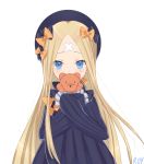  1girl abigail_williams_(fate/grand_order) bangs black_bow black_dress black_hat blonde_hair blue_eyes blush bow commentary_request covered_mouth crossed_bandaids dress eyebrows_visible_through_hair fate/grand_order fate_(series) hair_bow hands_up hat highres holding holding_stuffed_animal long_hair long_sleeves looking_at_viewer orange_bow parted_bangs roi_(liu_tian) signature simple_background sleeves_past_fingers sleeves_past_wrists solo stuffed_animal stuffed_toy teddy_bear upper_body very_long_hair white_background 