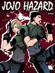  black_hair brown_hair cosplay crossover gun holster jojo_no_kimyou_na_bouken kuujou_joutarou leon_s_kennedy leon_s_kennedy_(cosplay) matthew_mercer meiji_ken multiple_boys resident_evil resident_evil_4 seiyuu_connection shoulder_holster weapon 