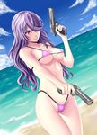  beach bikini cameltoe cocked_hammer day desert_eagle drawfag dual_wielding grin gun hair_over_one_eye handgun highres holding micro_bikini ocean ootori_miou pistol purple_hair sabagebu! skindentation smile solo strap_gap swimsuit thigh_gap weapon 