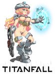  assault_rifle blonde_hair breasts c-string crotch_plate gauntlets geworin gun helmet large_breasts long_hair mecha_musume missile ogre_(titanfall) pointy_ears rifle shield solo titanfall underboob weapon 