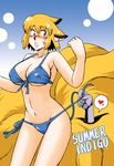  animal_ears azuki_osamitsu bikini blonde_hair blush breasts fox_ears fox_tail front-tie_bikini front-tie_top gap heart large_breasts multiple_tails no_hat no_headwear short_hair side-tie_bottom solo_focus spoken_heart swimsuit tail touhou wardrobe_malfunction yakumo_ran yakumo_yukari yellow_eyes 