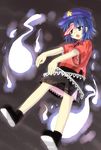  :o blue_eyes blue_hair divine_spirit hat highres jiangshi kibisake miyako_yoshika ofuda outstretched_arms shirt short_hair short_sleeves skirt spirit touhou zombie_pose 