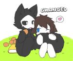  ambiguous_gender anthro black_fur black_sclera black_tail blue_eyes book canine changed_(video_game) chano cub duo eating english_text food fruit fur hair hug human looking_at_another mammal puro_(changed) sitting smile tangerine_(fruit) text tongue wolf young 