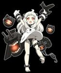  ahoge aircraft airplane anklet barefoot black_panties gloves horns jewelry kantai_collection long_hair looking_at_viewer monster nana-ine navel northern_ocean_hime open_mouth pale_skin panties red_eyes shinkaisei-kan side-tie_panties solo string_panties turret underwear white_hair 