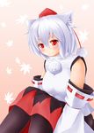  animal_ears baia bare_shoulders black_legwear blush breasts detached_sleeves hat inubashiri_momiji large_breasts leaf looking_at_viewer pink_background pom_pom_(clothes) red_eyes short_hair silver_hair sitting smile solo tokin_hat touhou wolf_ears 