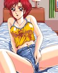  1girl 4bpp blush clothed_masturbation d.o. denim denim_shorts erect_nipples fingering game_cg hoshi_no_suna_monogatari hoshi_no_suna_monogatari_3 indoors masturbation oldschool open_legs pc98 short_hair shorts solo spread_legs tank_top tomboy 