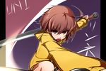  ahoge bike_shorts brown_hair dual_wielding holding hood hoodie knife linne purple_eyes reverse_grip short_hair solo sword totosu under_night_in-birth weapon 