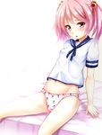  blush breasts ebi_193 food_print hair_bobbles hair_ornament kantai_collection looking_at_viewer panties pink_eyes pink_hair pink_panties print_panties sazanami_(kantai_collection) school_uniform serafuku small_breasts solo strawberry_panties strawberry_print twintails underwear 