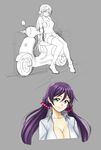  ankle_boots boots breasts cleavage dress_shirt green_eyes grey_background ground_vehicle highres large_breasts long_hair love_live! love_live!_school_idol_project low_twintails motor_vehicle open_clothes open_shirt out-of-frame_censoring partially_colored pas_(paxiti) pink_scrunchie purple_hair scooter scrunchie shirt shorts simple_background sitting sketch smile solo spaghetti_strap tank_top thighhighs toujou_nozomi twintails vespa 