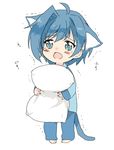  ahoge animal_ears bad_id bad_pixiv_id blue_eyes blue_hair blush cardfight!!_vanguard cat_ears cat_tail chawanmushi_(ebikamaboko) chibi full_body male_focus open_mouth pajamas pillow sendou_aichi solo tail tears trembling younger 