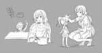  ^_^ apron ayase_eli closed_eyes cooking grey_background greyscale long_hair love_live! love_live!_school_idol_project low_twintails monochrome multiple_girls over-kneehighs pas_(paxiti) ponytail pot school_uniform scrunchie serafuku simple_background sketch skirt thighhighs time_paradox toujou_nozomi twintails younger zettai_ryouiki 