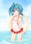  ahoge bad_id bad_pixiv_id blue_hair blush cardfight!!_vanguard chawanmushi_(ebikamaboko) crossdressing male_focus otoko_no_ko sendou_aichi solo swimsuit 