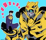  autobot black_hair bumblebee gakuran higashikata_jousuke indian_style jojo_no_kimyou_na_bouken mecha meiji_ken pompadour robot school_uniform sitting size_difference transformers 