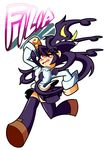  black_hair black_legwear blush_stickers breasts character_name filia_(skullgirls) kuchibashi_(9180) large_breasts long_hair pointing prehensile_hair red_eyes running samson_(skullgirls) school_uniform skirt skullgirls solo thighhighs 