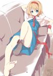  :o alice_margatroid arm_behind_head bare_legs barefoot blonde_hair blue_eyes blush capelet couch dress feet hairband looking_at_viewer lying nirap on_back open_mouth sample shoes short_hair single_shoe solo touhou wristband 