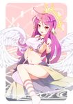  angel_wings blush breasts feathered_wings halo highres jibril_(no_game_no_life) kutata long_hair low_wings magic_circle medium_breasts midriff navel no_game_no_life open_mouth pink_hair sideboob smile solo striped striped_legwear white_wings wings 