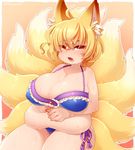  animal_ears blonde_hair breasts commentary_request fang fat fox_ears fox_tail kiri_futoshi large_breasts multiple_tails short_hair solo sweat swimsuit tail touhou yakumo_ran yellow_eyes 