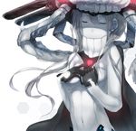  bad_id bad_pixiv_id black_gloves bodysuit breasts cape closed_eyes covered_navel gloves hadean92 hands_on_own_chest hat hex_grid kantai_collection long_hair pale_skin shinkaisei-kan silver_hair small_breasts solo upper_body wo-class_aircraft_carrier 