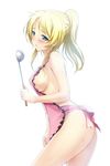  apron ass ayase_eli blonde_hair blue_eyes blush breasts covered_nipples flat_ass from_side ladle large_breasts love_live! love_live!_school_idol_project naked_apron onigirikun parted_lips ponytail sideboob simple_background solo white_background 