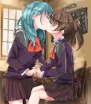  aqua_hair blush brown_hair closed_eyes holding_hands kantai_collection kiss kumano_(kantai_collection) long_hair multiple_girls ponytail rinaka_moruchi school_uniform sitting sketch skirt suzuya_(kantai_collection) yuri 