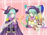  2girls aqua_hair artist_request breasts cape clone drawcia dress gold_eyes gradient_hair green_hair hair_over_one_eye hat kirby_(series) kirby_canvas_curse light_smile long_hair multicolored_hair multiple_girls paintbrush personification purple_hair smile witch witch_hat yellow_eyes 
