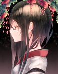  black-framed_eyewear brown_hair closed_eyes flower glasses hadean92 japanese_clothes light_particles long_hair original profile solo 