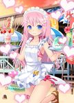  apron artist_request bad_id bad_pixiv_id beach bikini blue_eyes buckle building carrying character_request drink frills heart leg_up long_hair looking_at_viewer maid_headdress outdoors parfait pink_bikini pink_hair polka_dot polka_dot_bikini polka_dot_swimsuit sandals shaved_ice smile solo standing standing_on_one_leg swimsuit tray tropical_drink 