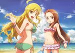  ahoge ass beach bikini blonde_hair blush breasts brown_eyes brown_hair day green_bikini green_eyes hairband hoshii_miki idolmaster idolmaster_(classic) kurotora865_90 long_hair looking_back medium_breasts minase_iori multiple_girls navel open_mouth side-tie_bikini small_breasts smile swimsuit 