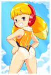  ass bad_id bad_pixiv_id bangs blonde_hair blue_eyes blunt_bangs border call_(mighty_no._9) call_h competition_swimsuit from_behind grin highres long_hair looking_back low_twintails mighty_no._9 multicolored_hair naughty_face one-piece_swimsuit pepipopo robot_ears robot_joints scarf smile solo swimsuit twintails two-tone_hair wedgie wet 