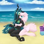  &lt;3 anthro beach black_fur black_skin blue_eyes blue_hair breasts bucket changeling cloud duo equine female fluffle_puff friendship_is_magic fur green_eyes hair hooves horn horse insect_wings lesbian long_hair looking_back mammal my_little_pony nothingspecialx9 open_mouth outside pink_fur pony queen_chrysalis_(mlp) seaside shovel swimsuit tongue tongue_out water wings 