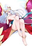  animal_ears anklet bare_shoulders barefoot beads blush breasts dean fox_ears fox_tail full_body headpiece highres inverted_nipples jewelry large_breasts long_hair mitsuki_(p&amp;d) nipples purple_eyes puzzle_&amp;_dragons silver_hair simple_background solo tail white_background wide_sleeves 