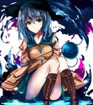  blue_eyes blue_hair boots hat komeiji_koishi rinaka_moruchi short_hair sitting sketch solo third_eye touhou 