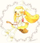  ;d blonde_hair blush broom broom_riding dress hat long_hair magical_girl makihatayama_hana momiji_(lucario) ojamajo_doremi one_eye_closed open_mouth pointy_shoes puffy_short_sleeves puffy_sleeves shoes short_sleeves smile solo twintails very_long_hair white_dress witch_hat yellow_eyes 