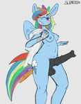  2014 anthro anthrofied blue_fur blush breasts cutie_mark dickgirl equine erection friendship_is_magic fur hair intersex looking_at_viewer mammal multi-colored_hair my_little_pony navel one_eye_closed pegasus penis rainbow_dash_(mlp) rainbow_hair slendidnt solo towel vein wings 