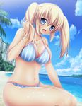  :d acerola bangs bare_arms bare_legs bare_shoulders beach bikini blonde_hair blue_bikini blue_eyes blue_sky blush breasts cleavage cliff cloud cloudy_sky collarbone crossed_bangs day hand_up horizon large_breasts long_hair looking_at_viewer ocean open_mouth original outdoors sitting sky smile solo striped swimsuit twintails vertical-striped_bikini vertical_stripes 