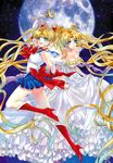  absurdly_long_hair back_bow bishoujo_senshi_sailor_moon blonde_hair blue_eyes blue_sailor_collar bow breasts choker cleavage dual_persona full_moon highres long_hair maboroshi_no_ginzuishou medium_breasts moon moon_stick multiple_girls princess_serenity red_bow red_choker ribbon sailor_collar sailor_moon sailor_senshi_uniform school_uniform serafuku tsukino_usagi tsuna2727 very_long_hair 