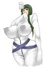  1girl arrancar bangs bleach blunt_bangs breasts covering_mouth cyan_sung-sun erect_nipples expressionless facial_mark green_hair huge_breasts lactation long_hair milk_leaking_through_clothing perky_breasts puffy_nipples purple_eyes skin_tight sleeves_past_wrists solo tatsumi-chan wide_hips 