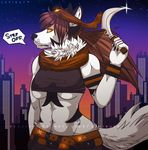  anthro breasts building canine city female fox hair knife lexibutt long_hair looking_at_viewer mammal muscles night popokino solo stars sunset thief under_boob 