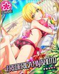  artist_request ass barefoot beach bikini blonde_hair blue_hawaii card_(medium) character_name crazy_straw day drink drinking_straw dutch_angle finger_to_mouth flower flower_(symbol) green_eyes hammock heart_straw hibiscus idolmaster idolmaster_cinderella_girls looking_at_viewer lying miyamoto_frederica ocean official_art on_stomach palm_tree sand short_hair solo swimsuit tree tropical_drink 