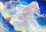  ahoge blue_eyes braid breasts cleavage cloud dress holding holding_shoes ia_(vocaloid) long_hair looking_at_viewer off_shoulder pink_hair shoes small_breasts soriku twin_braids vocaloid water white_dress 