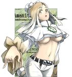  amanita_premna blonde_hair breasts character_request large_breasts long_hair mushroom mushroom_girl open_mouth oso-teki_kinoko_gijinka_zukan oso_(toolate) pants personification solo underboob yellow_eyes 