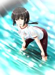  :d arai_tamako barakamon black_hair brown_eyes glasses gym_uniform hands_on_own_knees highres light_rays ogata open_mouth pants pants_rolled_up ponytail see-through smile solo sunbeam sunlight track_pants water wet wet_clothes 