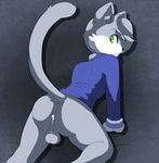  anthro balls bottomless butt cat clothed clothing cum cum_in_ass cum_inside cum_on_balls feline fur gay green_eyes grey_fur half-dressed leo_(vg_cats) looking_at_viewer looking_back male mammal munks presenting presenting_hindquarters raised_tail simple_background solo vg_cats white_fur 
